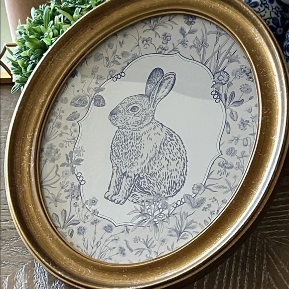 NEW! Vintage Inspired Blue & White French Toile Floral Bunny Rabbit Wall Art - Picture 2 of 6